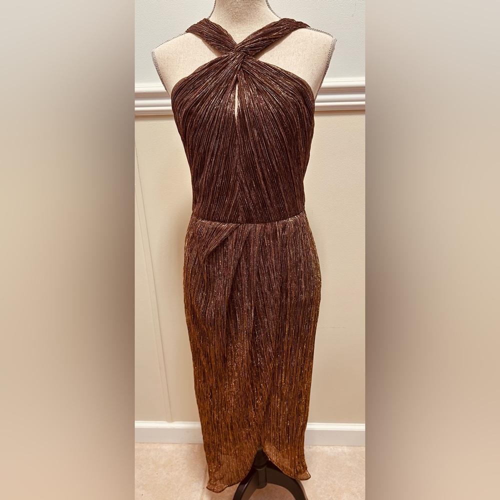 Adrianna Papell Shimmer Brown/Gold Keyhole Halter Gown Long 10 Formal Old Money